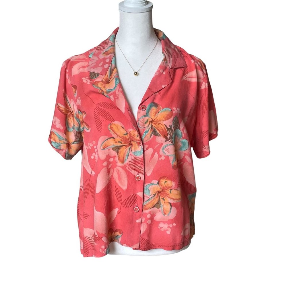 Jams World Woman Hawaiian Print Short Sleeve Blouse Button Up Size M Orange Red